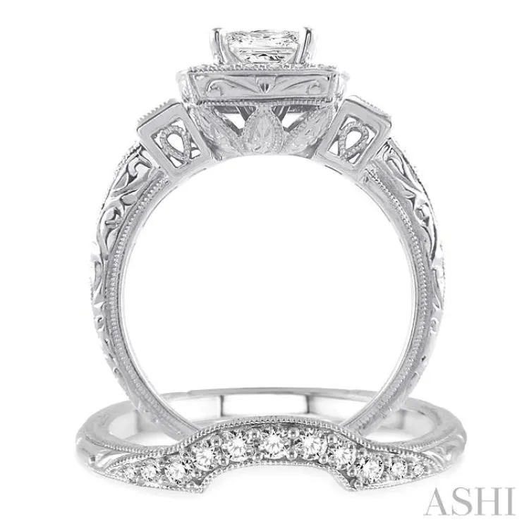1 1/5 Ctw Diamond Wedding Set with 1 Ctw Princess Cut Engagement Ring and 1/6 Ctw Wedding Band in 14K White Gold
