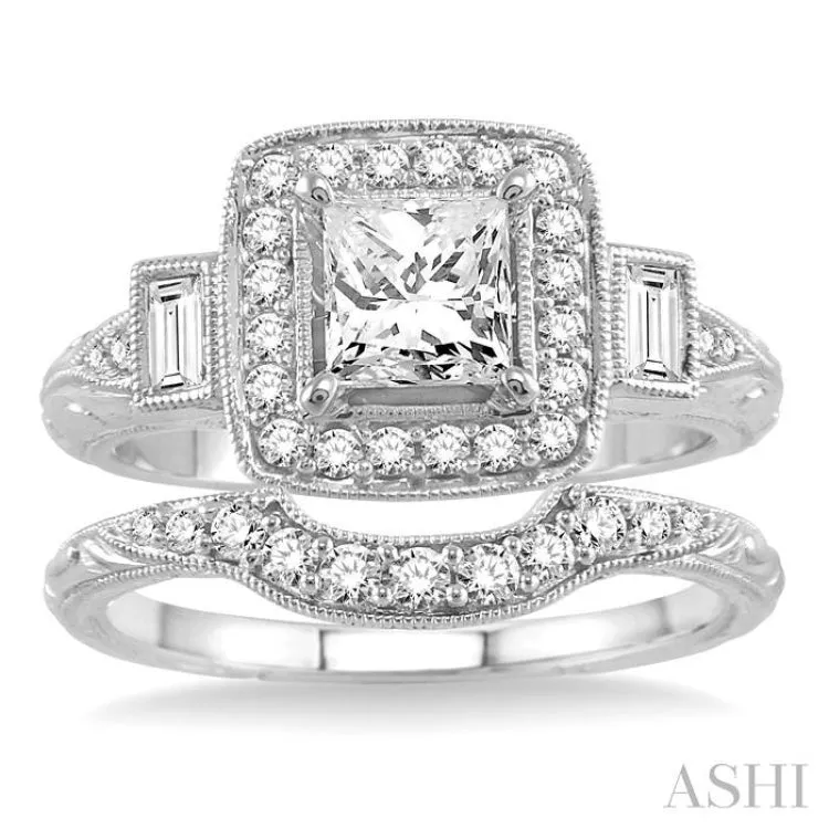 1 1/5 Ctw Diamond Wedding Set with 1 Ctw Princess Cut Engagement Ring and 1/6 Ctw Wedding Band in 14K White Gold
