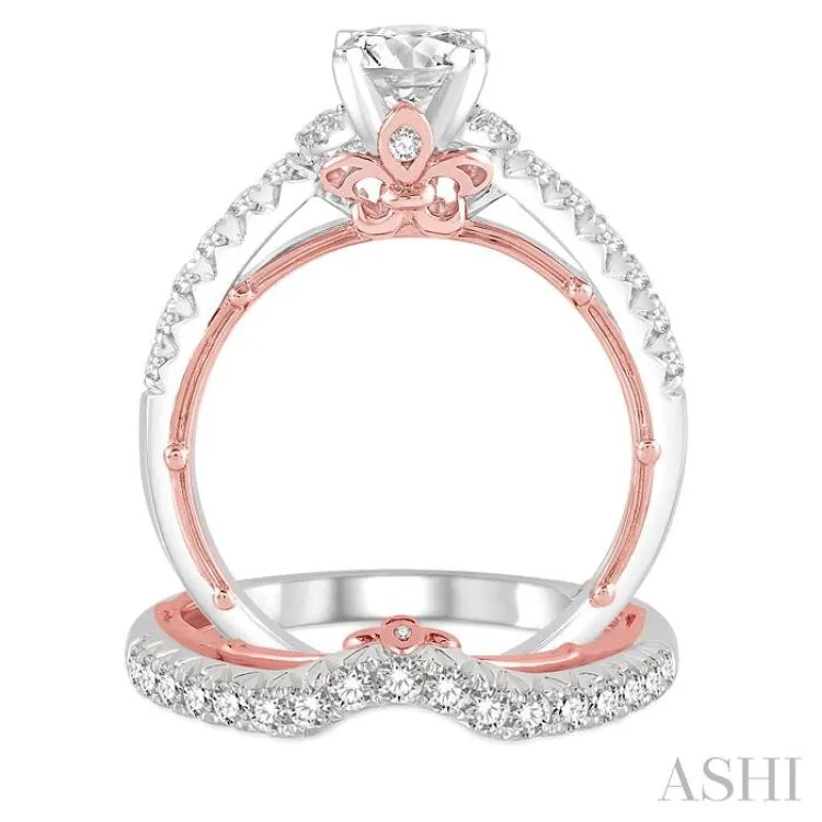 1 1/5 Ctw Diamond Wedding Set with 7/8 Ctw Round Cut Engagement Ring and 1/3 Ctw Wedding Band in 14K White and Rose Gold