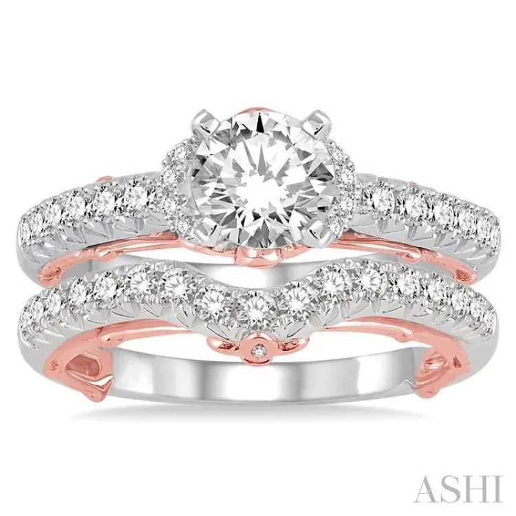 1 1/5 Ctw Diamond Wedding Set with 7/8 Ctw Round Cut Engagement Ring and 1/3 Ctw Wedding Band in 14K White and Rose Gold