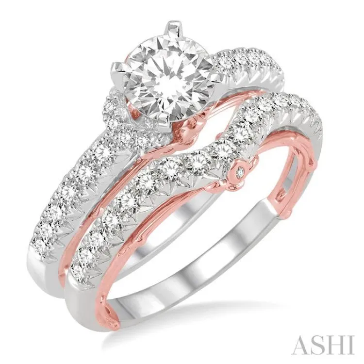 1 1/5 Ctw Diamond Wedding Set with 7/8 Ctw Round Cut Engagement Ring and 1/3 Ctw Wedding Band in 14K White and Rose Gold