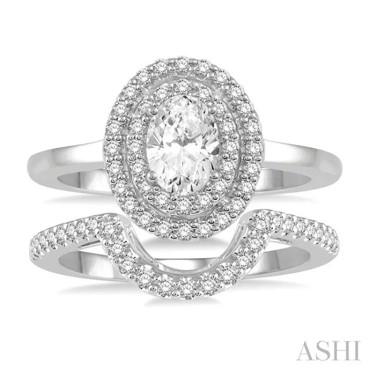 1 ctw Round Cut Diamond Wedding Set With 3/4 ctw Oval Cut Engagement Ring and 1/5 ctw Curved Wedding Band in 14K White Gold