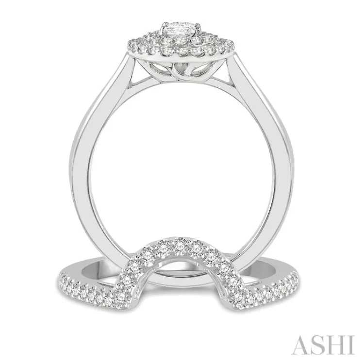 1 ctw Round Cut Diamond Wedding Set With 3/4 ctw Oval Cut Engagement Ring and 1/5 ctw Curved Wedding Band in 14K White Gold