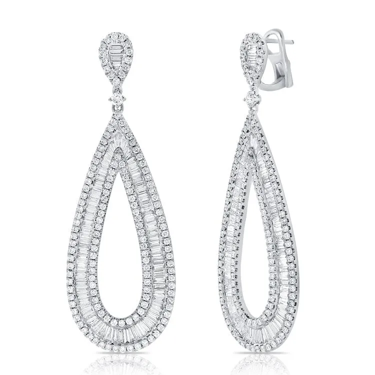 14k Gold 5.17Ct Baguette and Round Diamond Pear Shape Dangle Earring, available in White, Rose and Yellow Gold