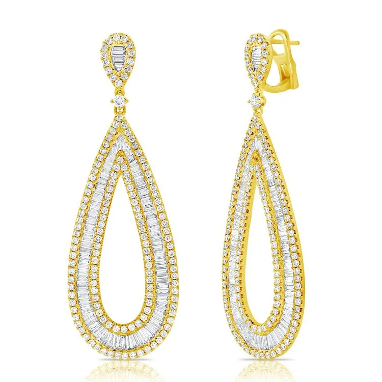 14k Gold 5.17Ct Baguette and Round Diamond Pear Shape Dangle Earring, available in White, Rose and Yellow Gold
