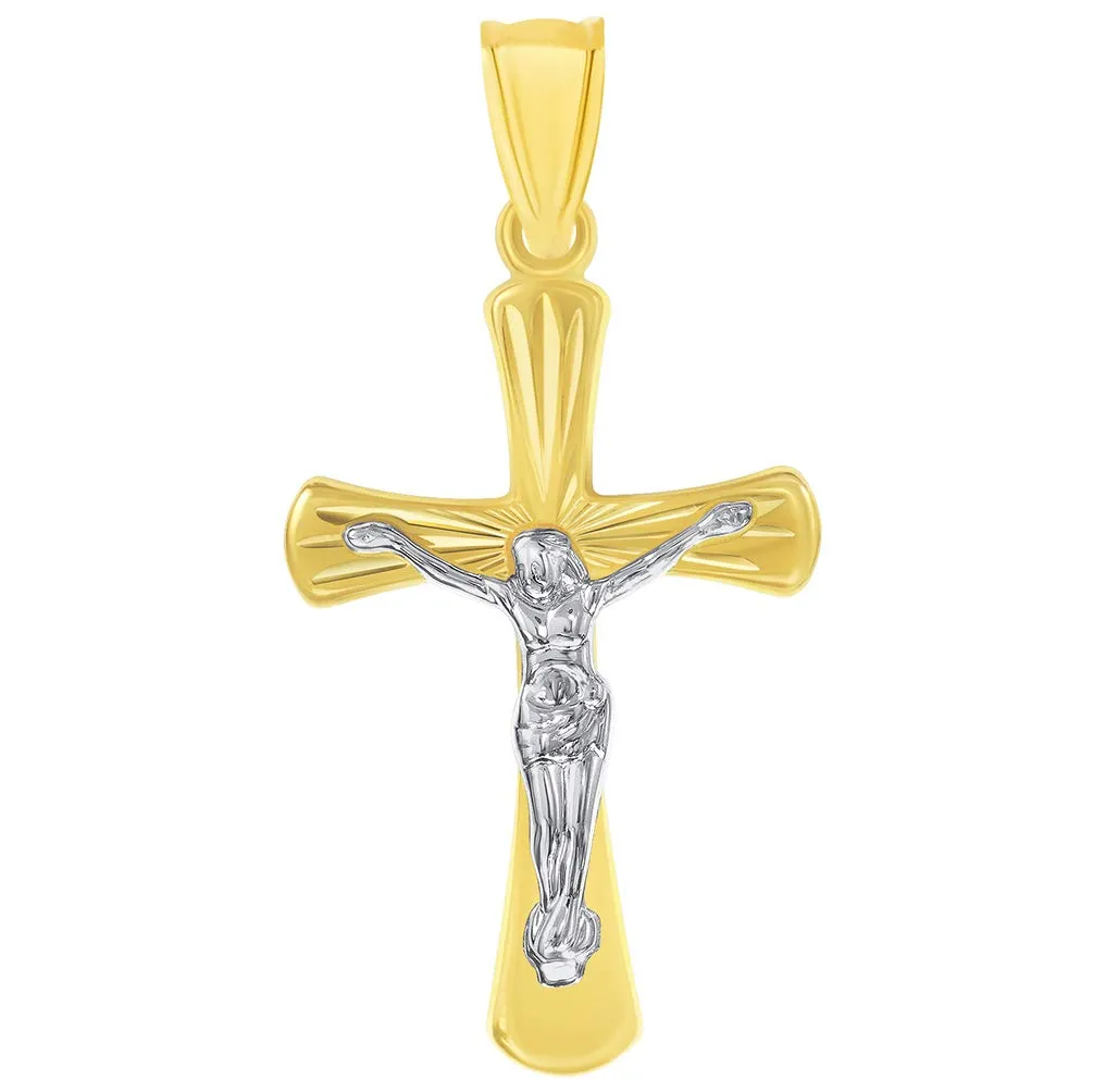 14k Gold High Polished Textured Religious Cross Jesus Crucifix Pendant with Figaro Chain Necklace - Two-Tone
