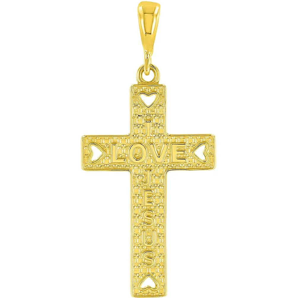14K Gold I Love Jesus Cross Charm Pendant Figaro Chain Necklace - Yellow Gold