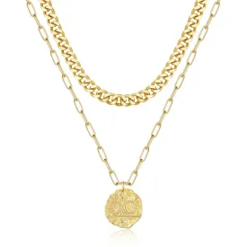 14K Gold Layered Moon Star Medallion Pendant Necklace for Women