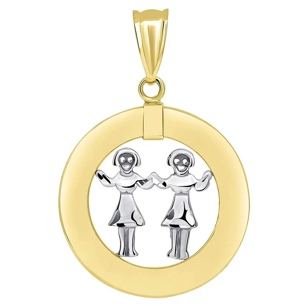 14k Gold Open Circle Gemini Zodiac Sign Pendant Cuban Necklace - Two-Tone Gold