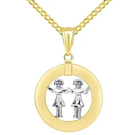 14k Gold Open Circle Gemini Zodiac Sign Pendant Cuban Necklace - Two-Tone Gold