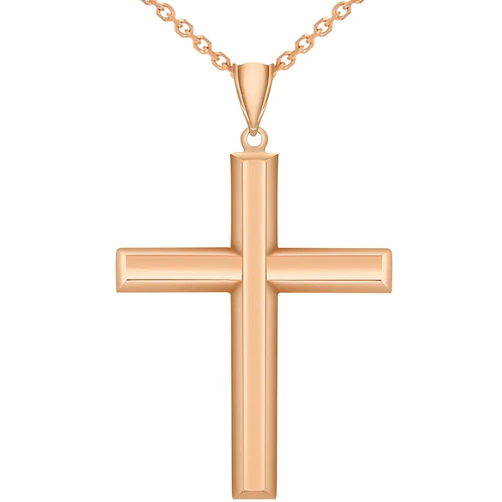 14k Gold Plain & Simple Religious High Polish Cross Pendant Necklace - Rose Gold