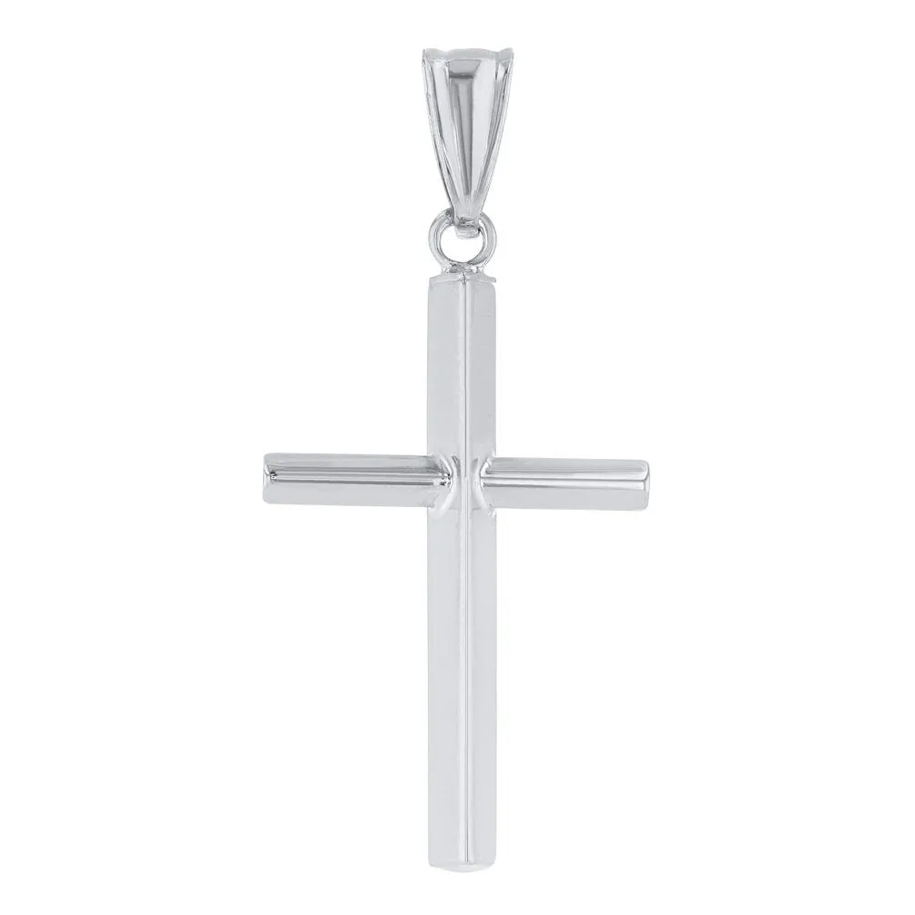 14K Gold Plain Slender Cross Pendant with High Polish - White Gold