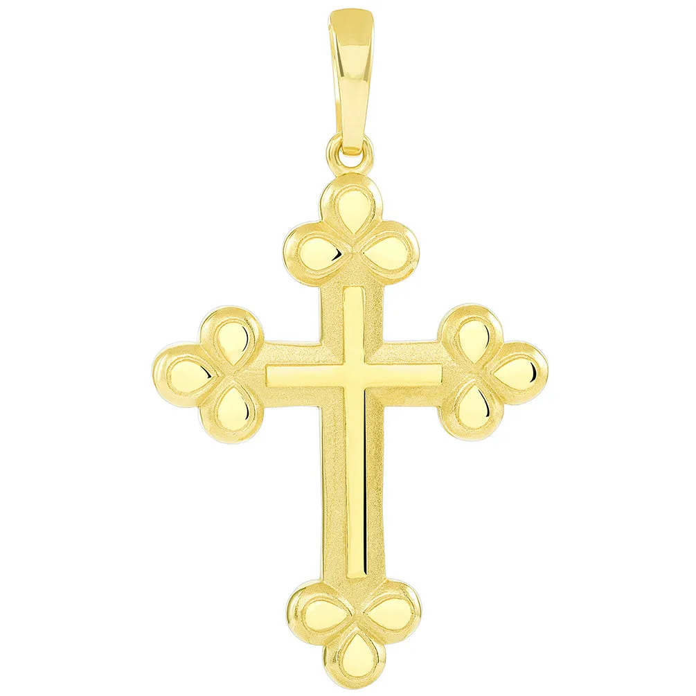 14k Gold Polished and Matte Finish Christian Eastern Orthodox Cross Pendant with Cuban Necklace - Yellow Gold