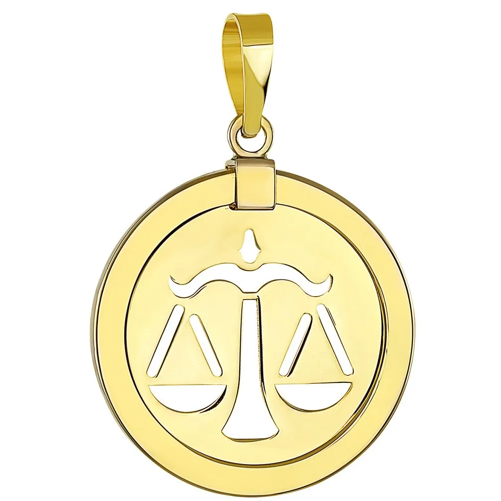14K Gold Reversible Round Libra Scale Zodiac Sign Pendant Necklace - Yellow Gold