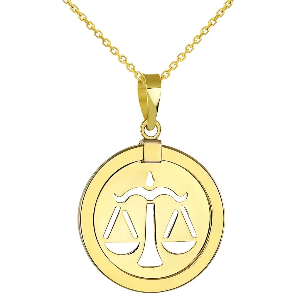 14K Gold Reversible Round Libra Scale Zodiac Sign Pendant Necklace - Yellow Gold