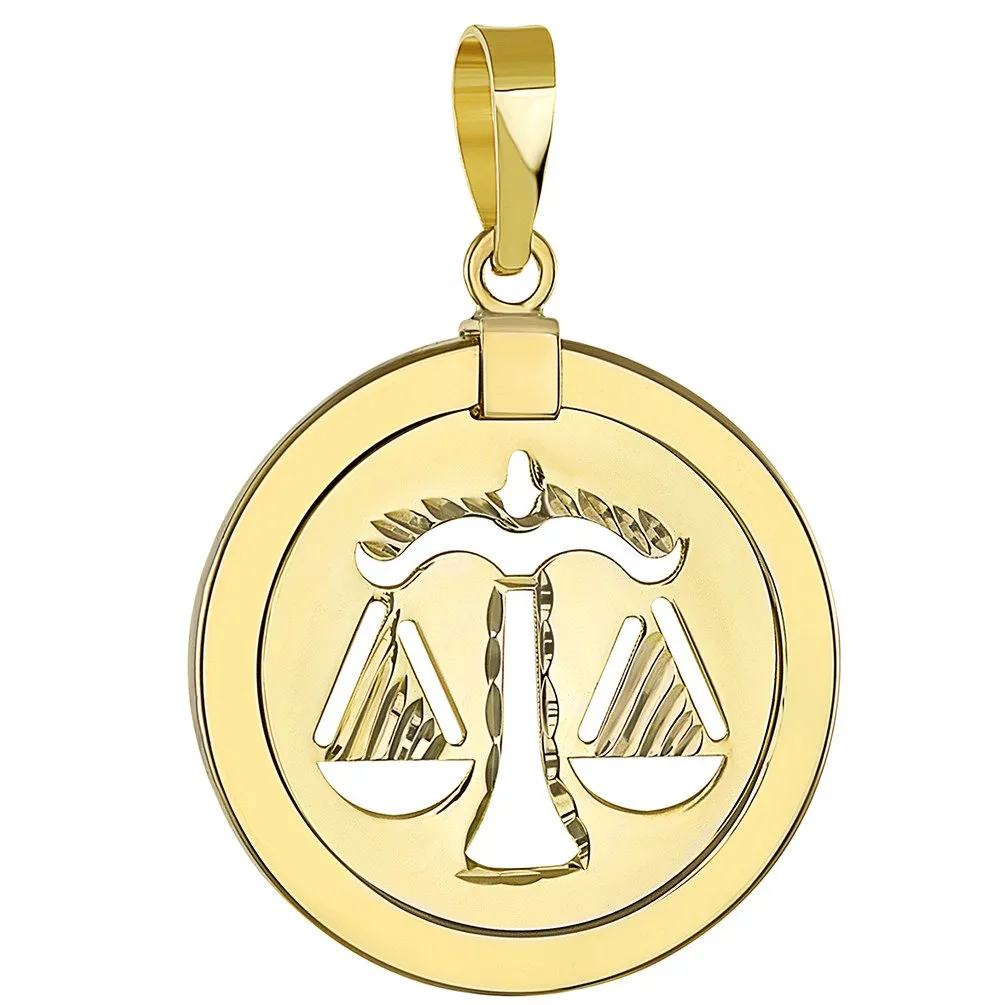 14K Gold Reversible Round Libra Scale Zodiac Sign Pendant Necklace - Yellow Gold