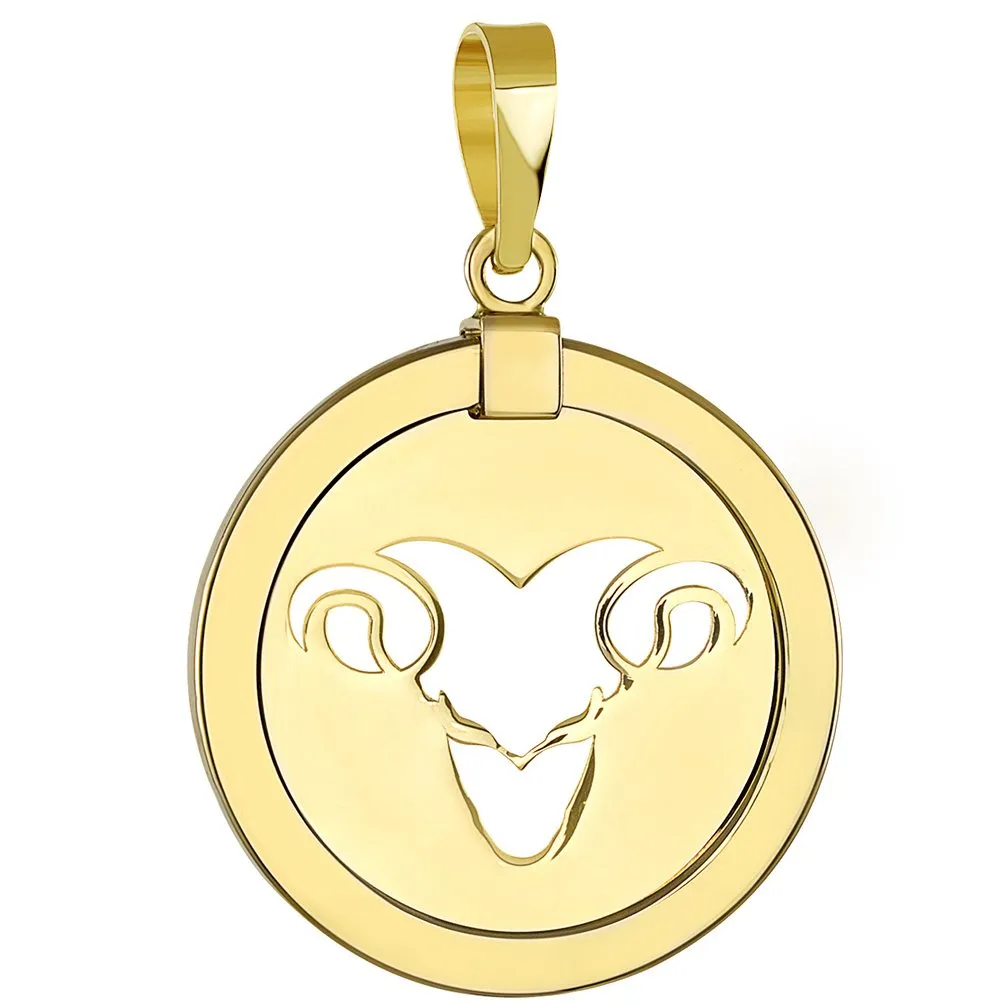 14K Gold Reversible Round Ram Aries Zodiac Sign Pendant with Figaro Chain Necklace - Yellow Gold