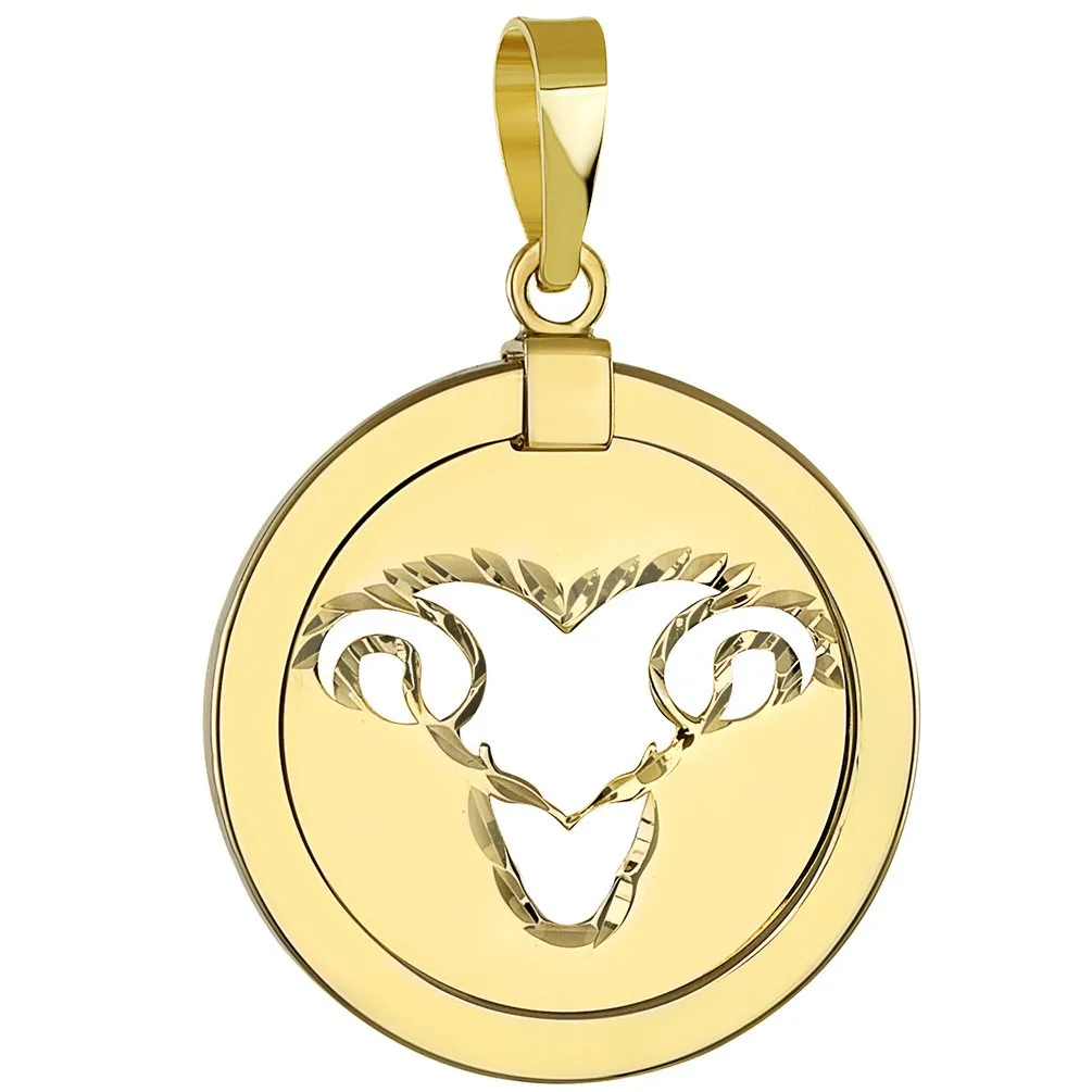 14K Gold Reversible Round Ram Aries Zodiac Sign Pendant with Figaro Chain Necklace - Yellow Gold