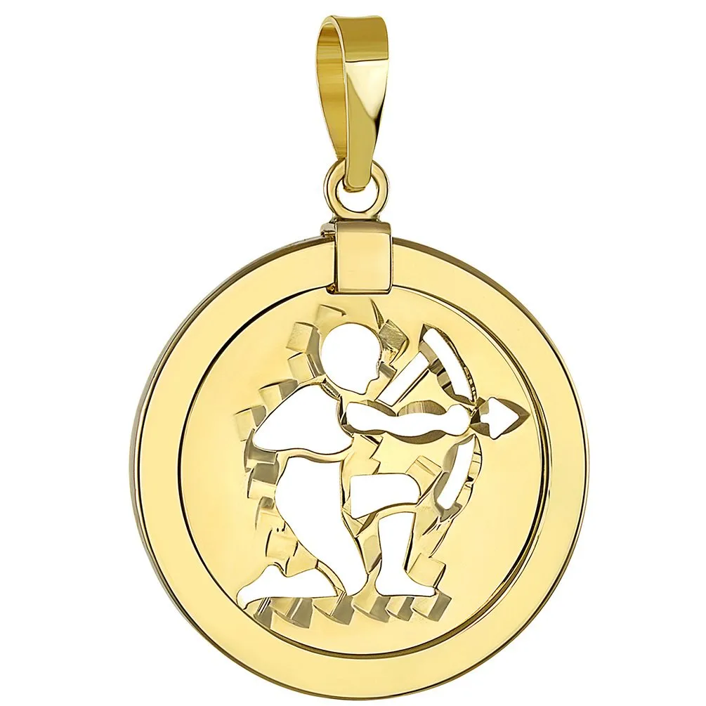 14K Gold Reversible Round Sagittarius Zodiac Sign Pendant with Figaro Chain Necklace - Yellow Gold