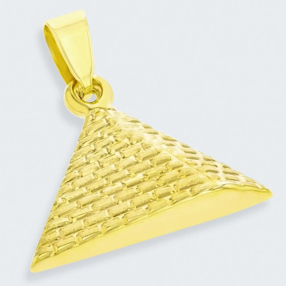 14K Gold Satin Polished Egyptian 2D Pyramid Pendant with Cuban Chain Necklace - Yellow Gold