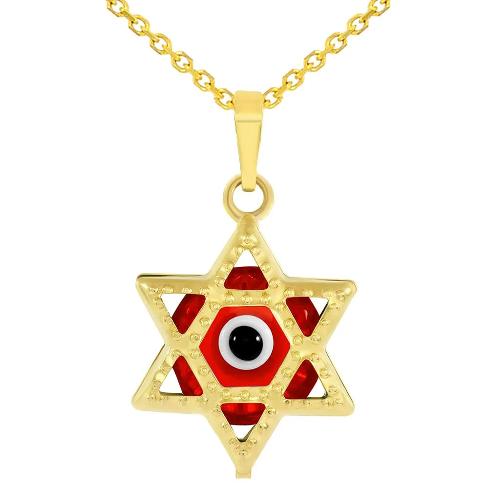 14k Gold Small Red Evil Eye Star of David Charm Pendant Necklace - Yellow Gold