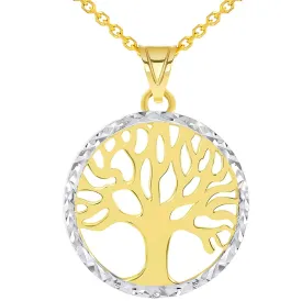 14k Gold Textured and Polished Round Tree of Life Medallion Pendant Necklace - Yellow Gold