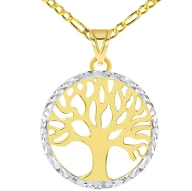 14k Gold Textured and Polished Round Tree of Life Medallion Pendant with Figaro Chain Necklace - Yellow Gold