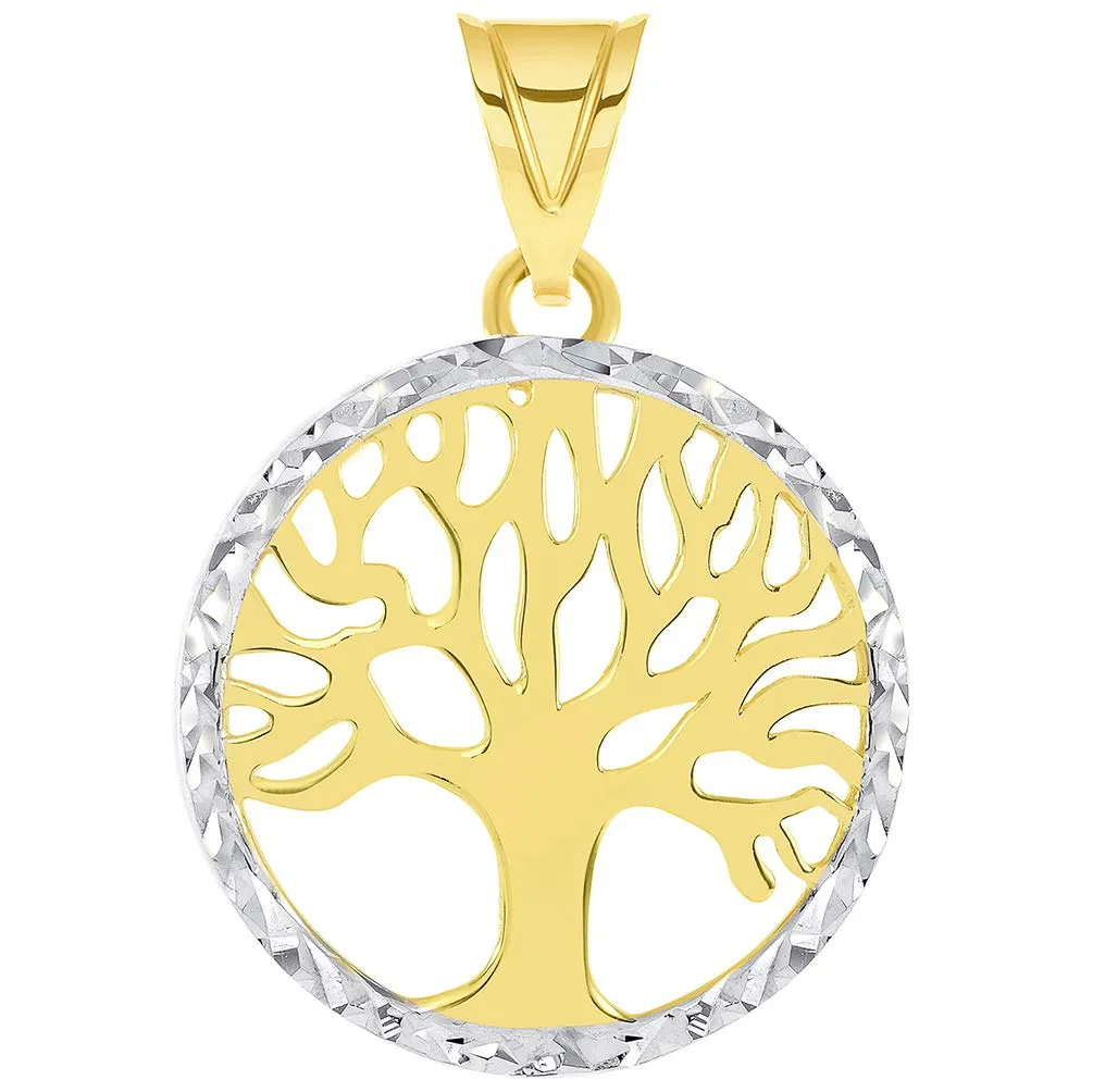14k Gold Textured and Polished Round Tree of Life Medallion Pendant with Figaro Chain Necklace - Yellow Gold
