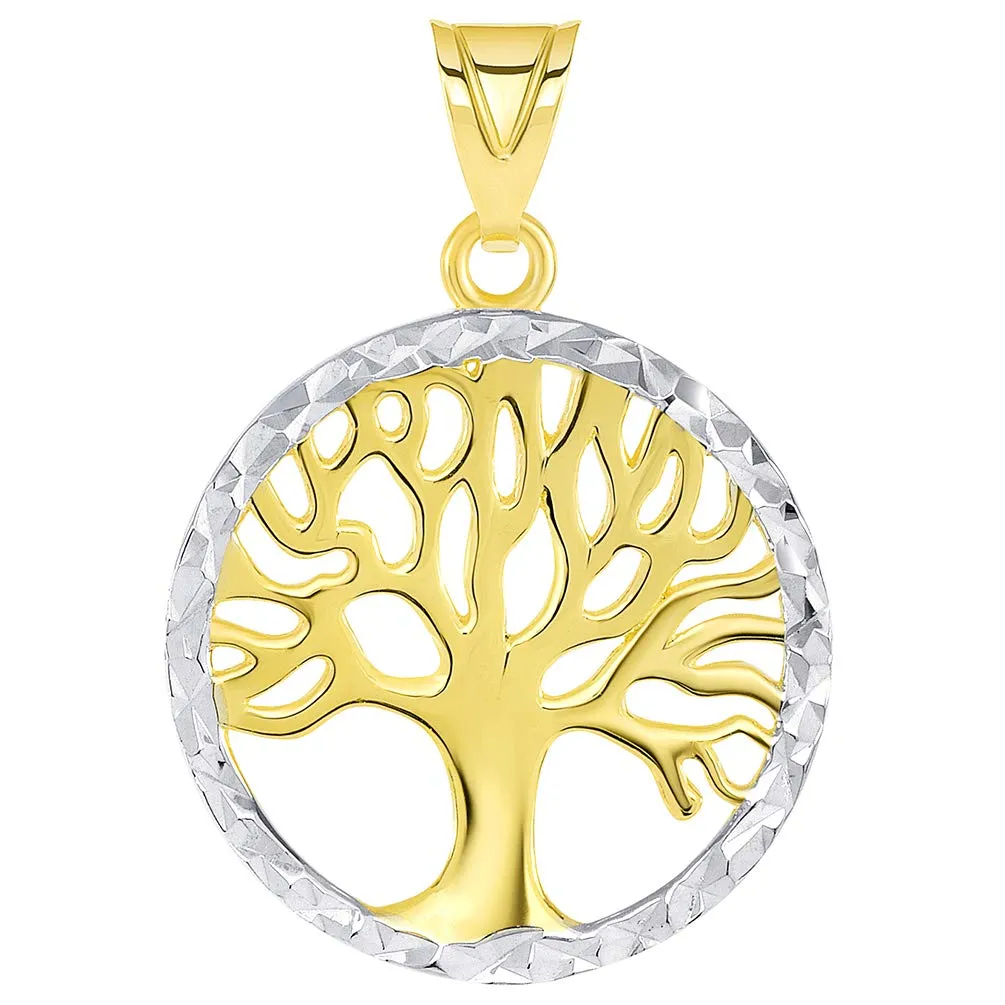 14k Gold Textured Round Two Tone Tree of Life Medal Pendant with Figaro Chain Necklace - Yellow Gold