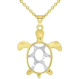 14k Gold Textured Two Tone Open Shell Sea Turtle Good Luck Pendant Necklace Available with Rolo, Curb, or Figaro Chain - Yellow Gold