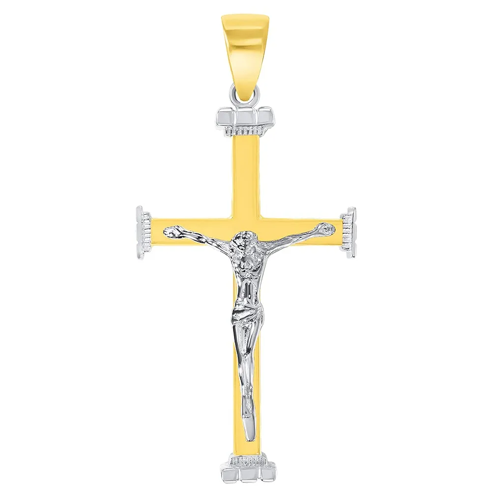 14k Solid Gold 3D Catholic Christian Crucifix Cross Pendant - Two-Tone Gold