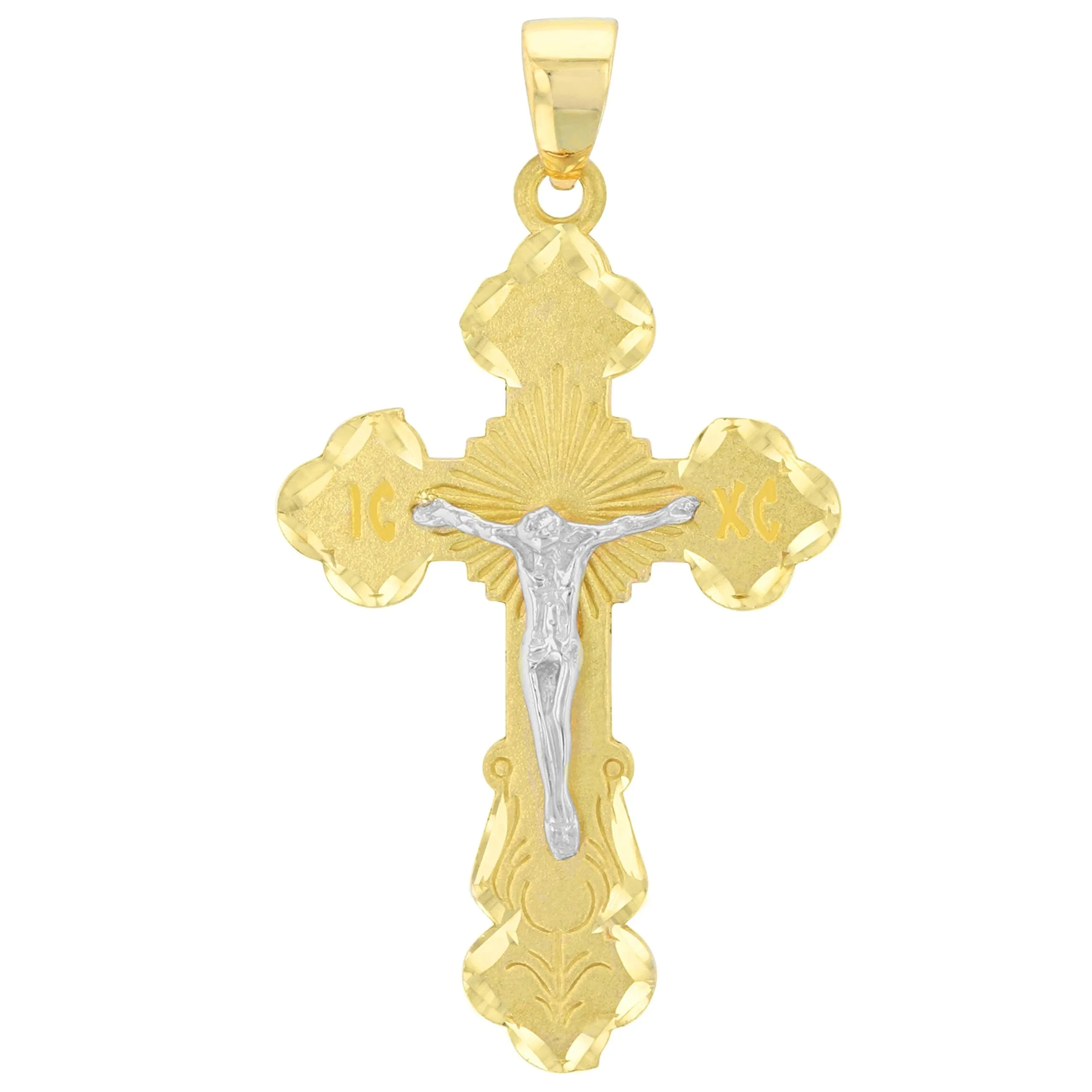 14K Solid Two Tone Gold Eastern Orthodox Save and Protect Cross ICXC Crucifix with Figaro Necklace