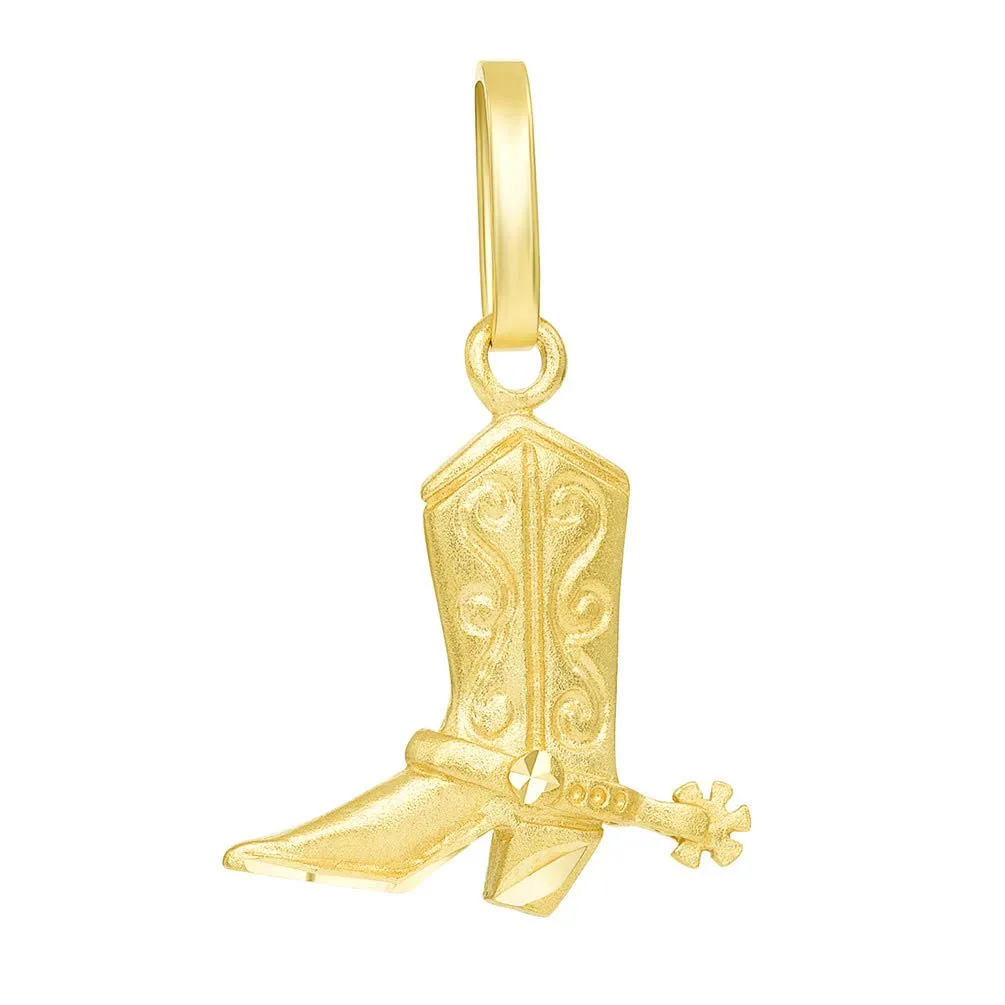 14k Solid Yellow Gold Detailed 3D Cowboy Riding Boot with Spur Pendant Cuban Necklace
