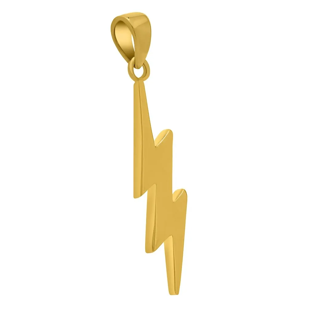 14k Solid Yellow Gold Lightning Bolt Pendant with Rolo Cable, Cuban Curb, or Figaro Chain Necklace