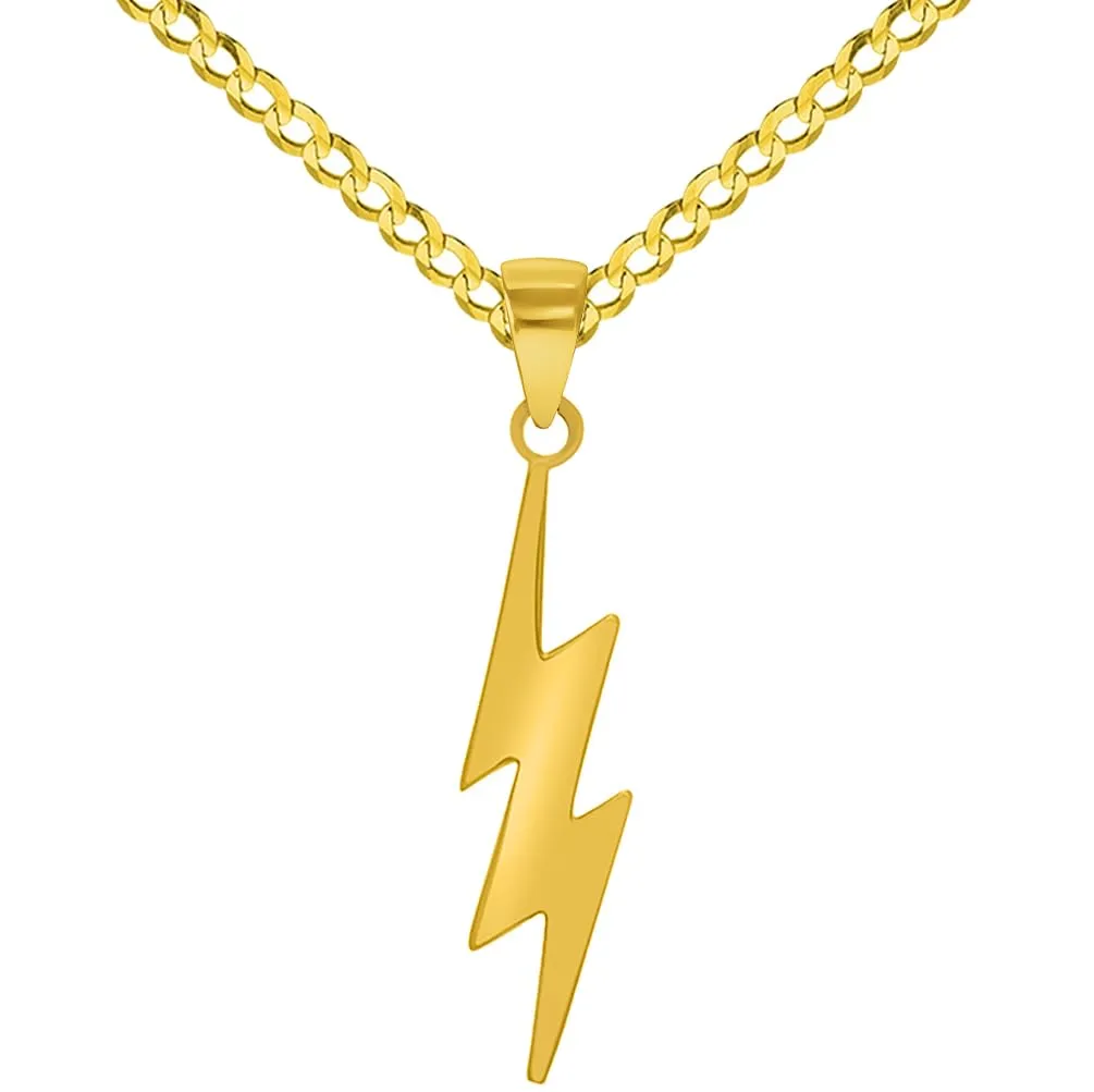 14k Solid Yellow Gold Lightning Bolt Pendant with Rolo Cable, Cuban Curb, or Figaro Chain Necklace
