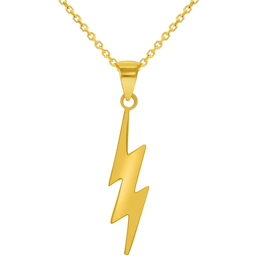 14k Solid Yellow Gold Lightning Bolt Pendant with Rolo Cable, Cuban Curb, or Figaro Chain Necklace