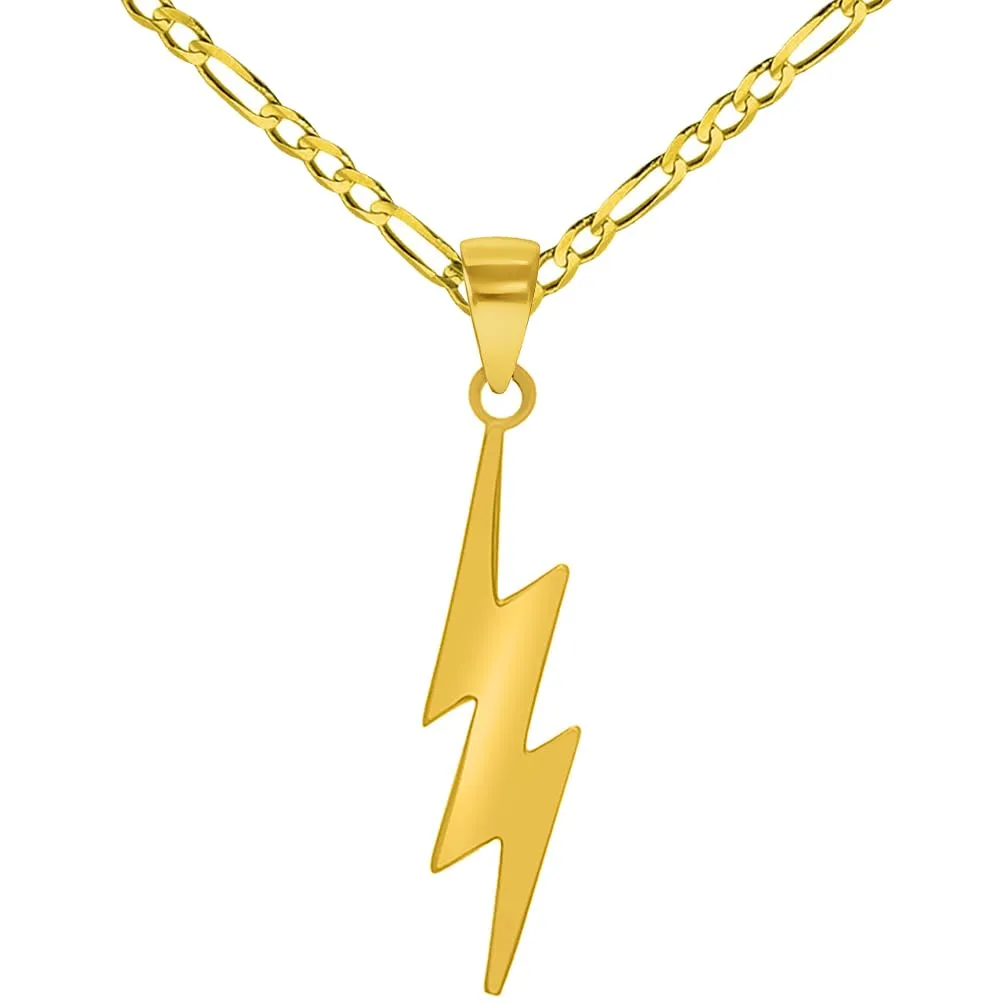 14k Solid Yellow Gold Lightning Bolt Pendant with Rolo Cable, Cuban Curb, or Figaro Chain Necklace