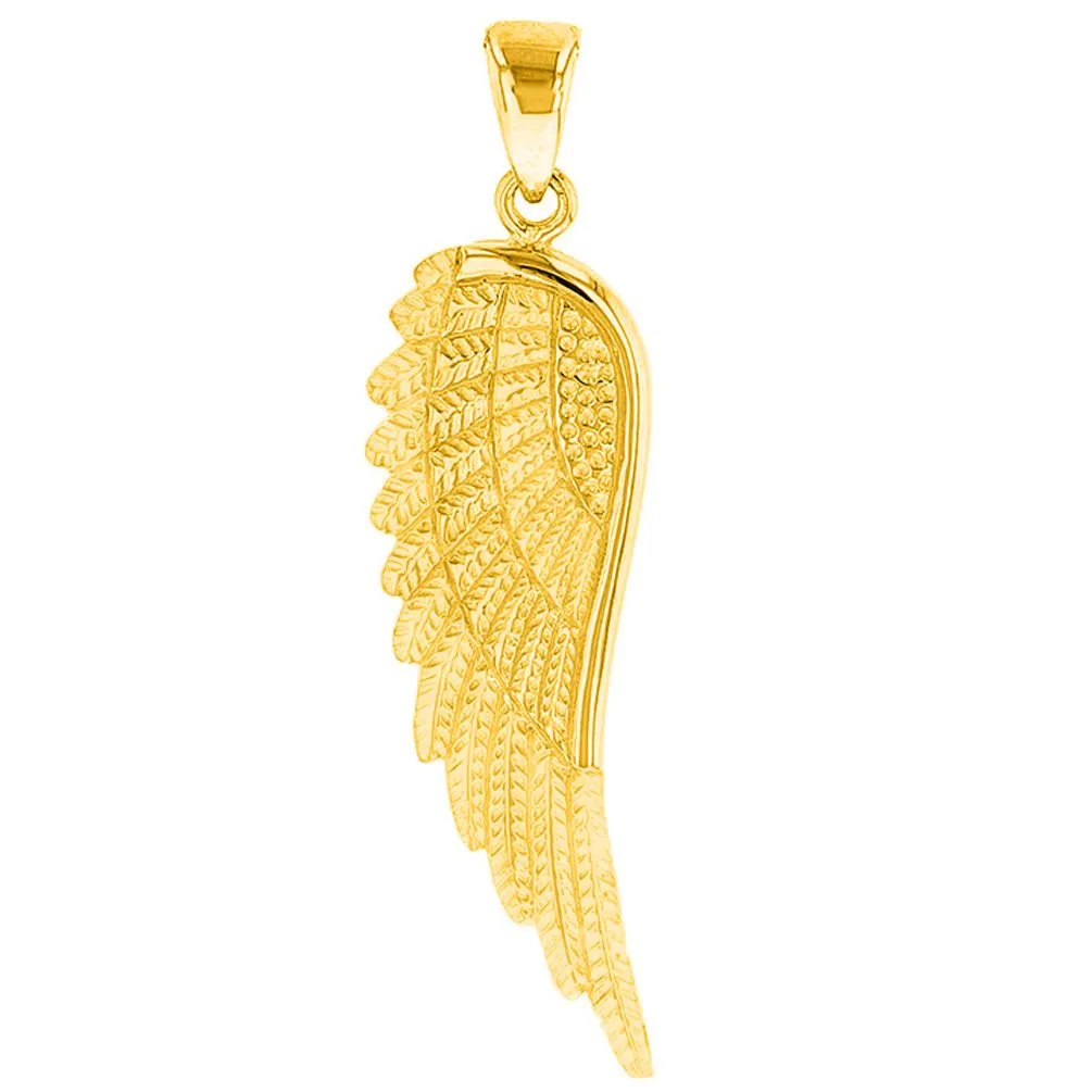 14k Solid Yellow Gold Textured Angel Wing Charm Pendant Necklace