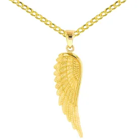 14k Solid Yellow Gold Textured Angel Wing Charm Pendant Necklace