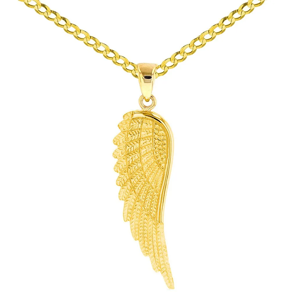 14k Solid Yellow Gold Textured Angel Wing Charm Pendant Necklace
