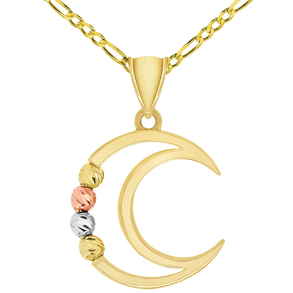 14k Tri-Color Gold Beaded Open Crescent Moon Pendant Necklace with Cable, Curb, or Figaro Chain