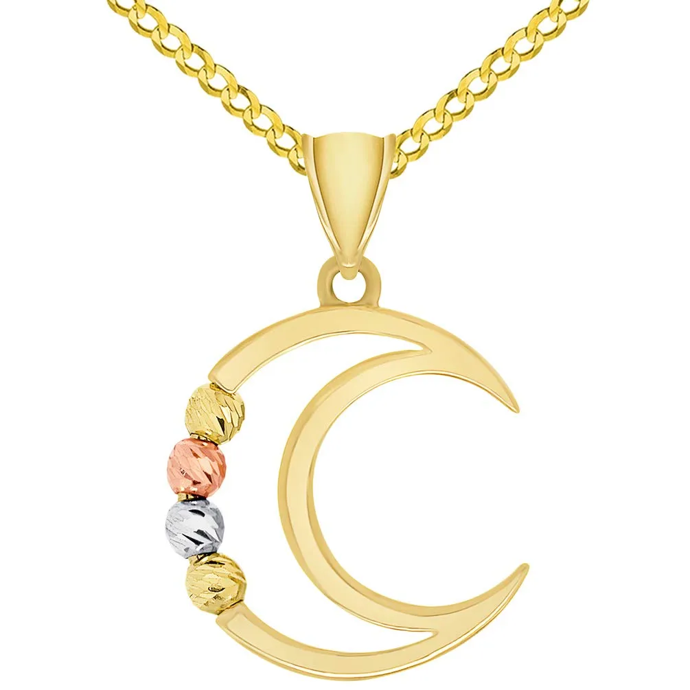 14k Tri-Color Gold Beaded Open Crescent Moon Pendant Necklace with Cable, Curb, or Figaro Chain