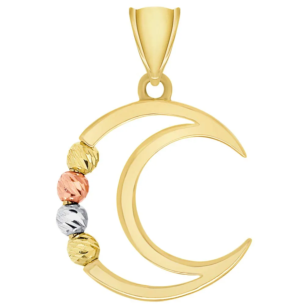 14k Tri-Color Gold Beaded Open Crescent Moon Pendant Necklace with Cable, Curb, or Figaro Chain