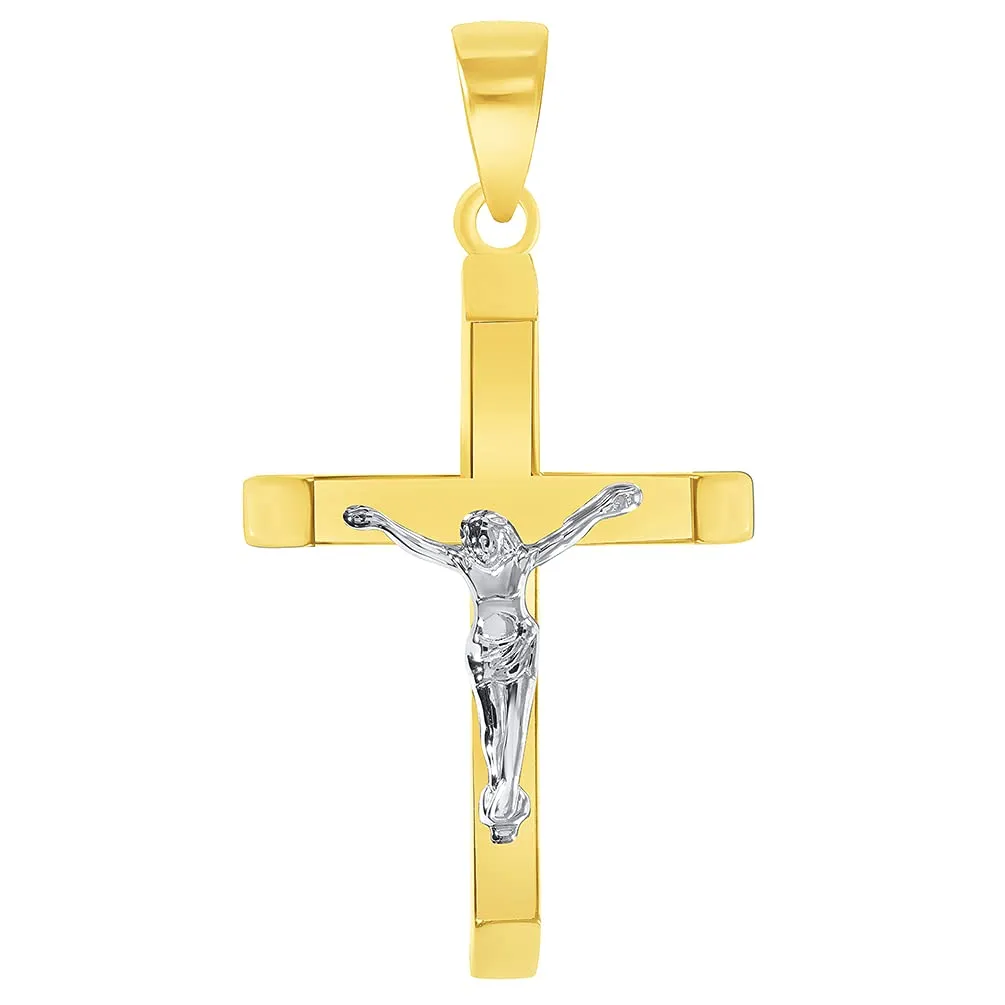 14k Two-Tone Gold 3D Catholic Christian Crucifix Slanted-Edge Cross Pendant Necklace