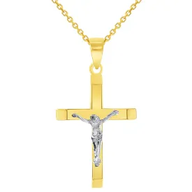 14k Two-Tone Gold 3D Catholic Christian Crucifix Slanted-Edge Cross Pendant Necklace