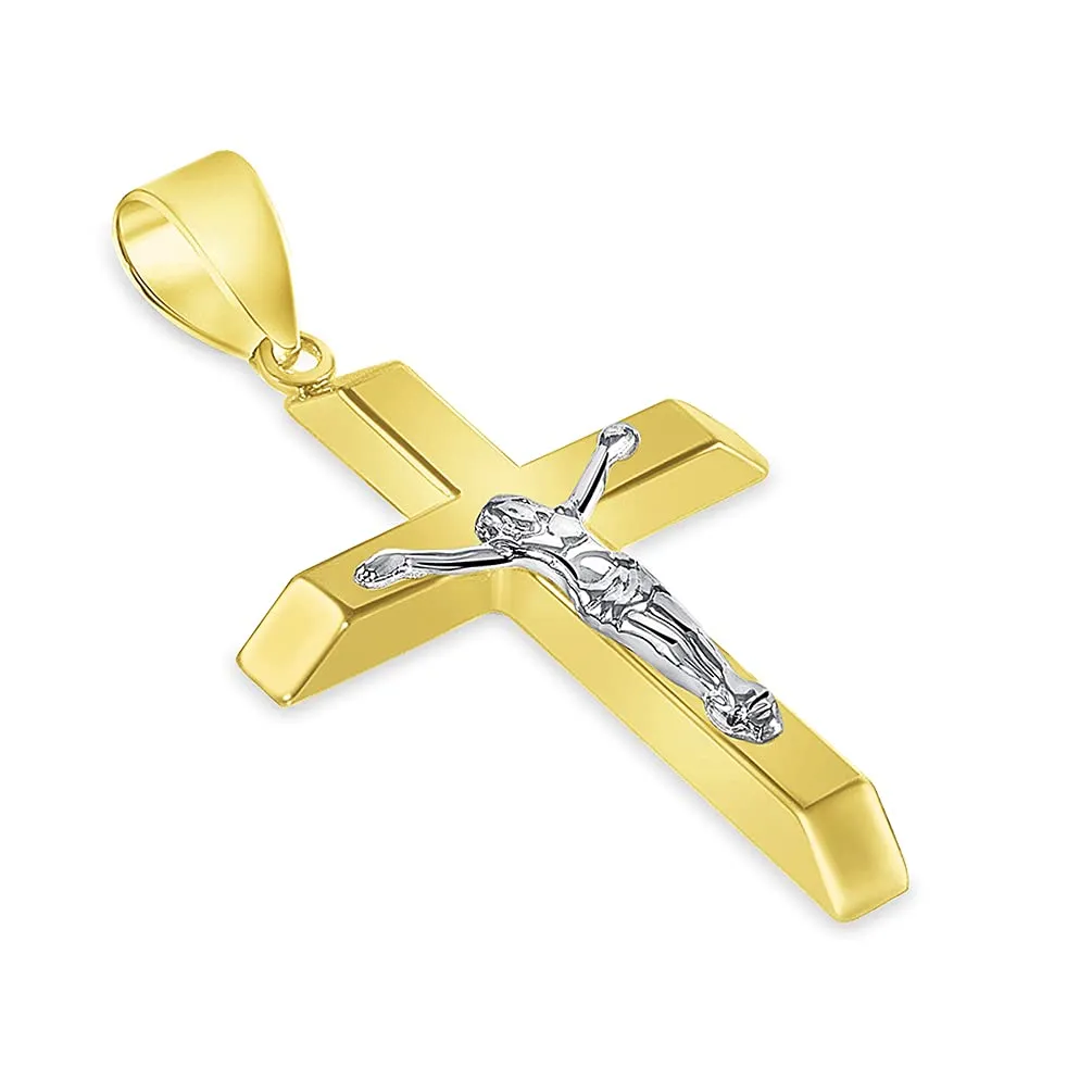 14k Two-Tone Gold 3D Catholic Christian Crucifix Slanted-Edge Cross Pendant Necklace
