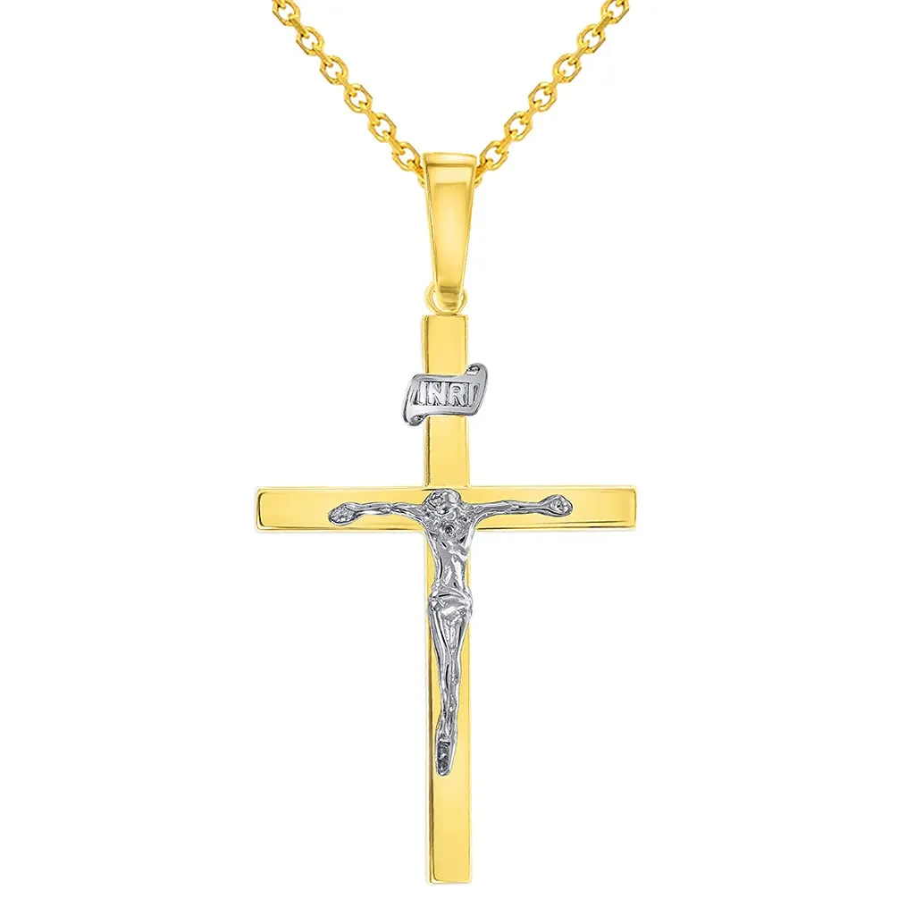 14k Two-Tone Gold 3D INRI Catholic Christian Crucifix Cross Pendant Necklace