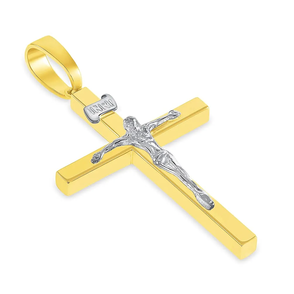 14k Two-Tone Gold 3D INRI Catholic Christian Crucifix Cross Pendant Necklace