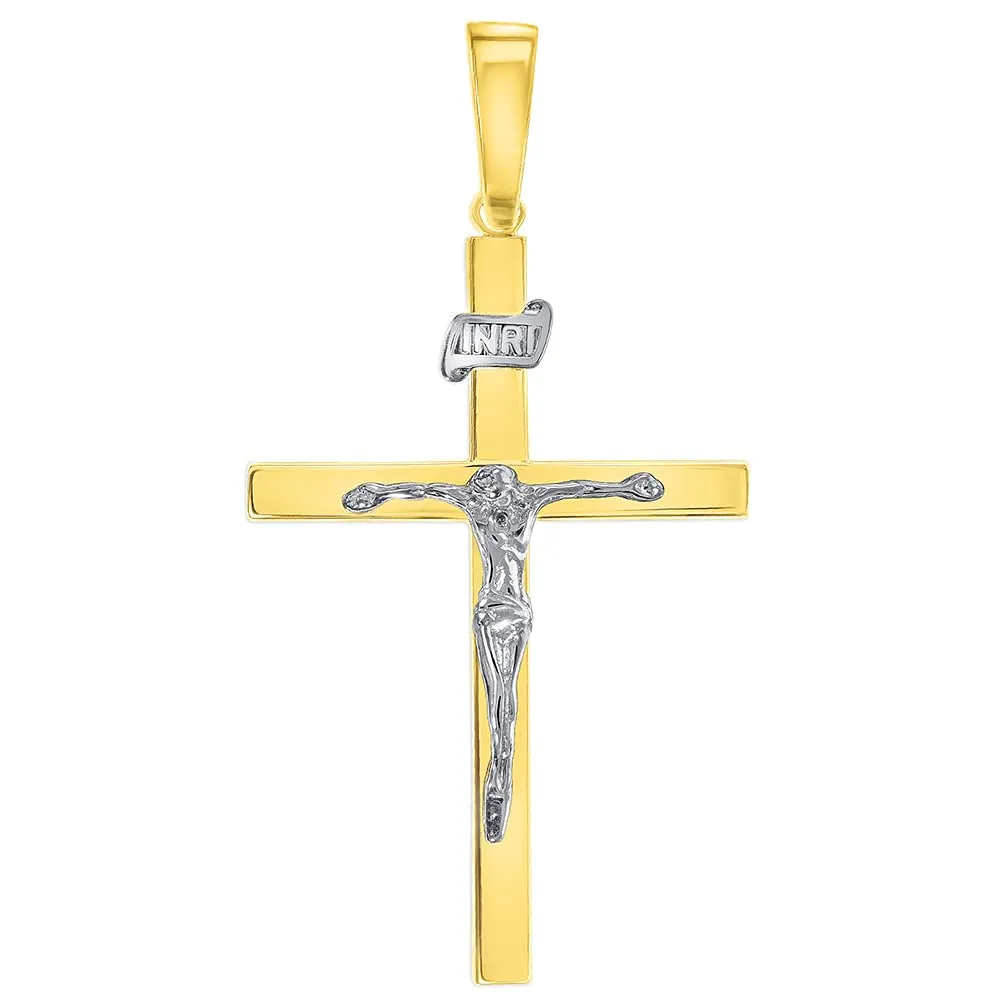 14k Two-Tone Gold 3D INRI Catholic Christian Crucifix Cross Pendant Necklace