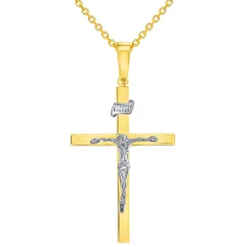 14k Two-Tone Gold 3D INRI Catholic Christian Crucifix Cross Pendant Necklace